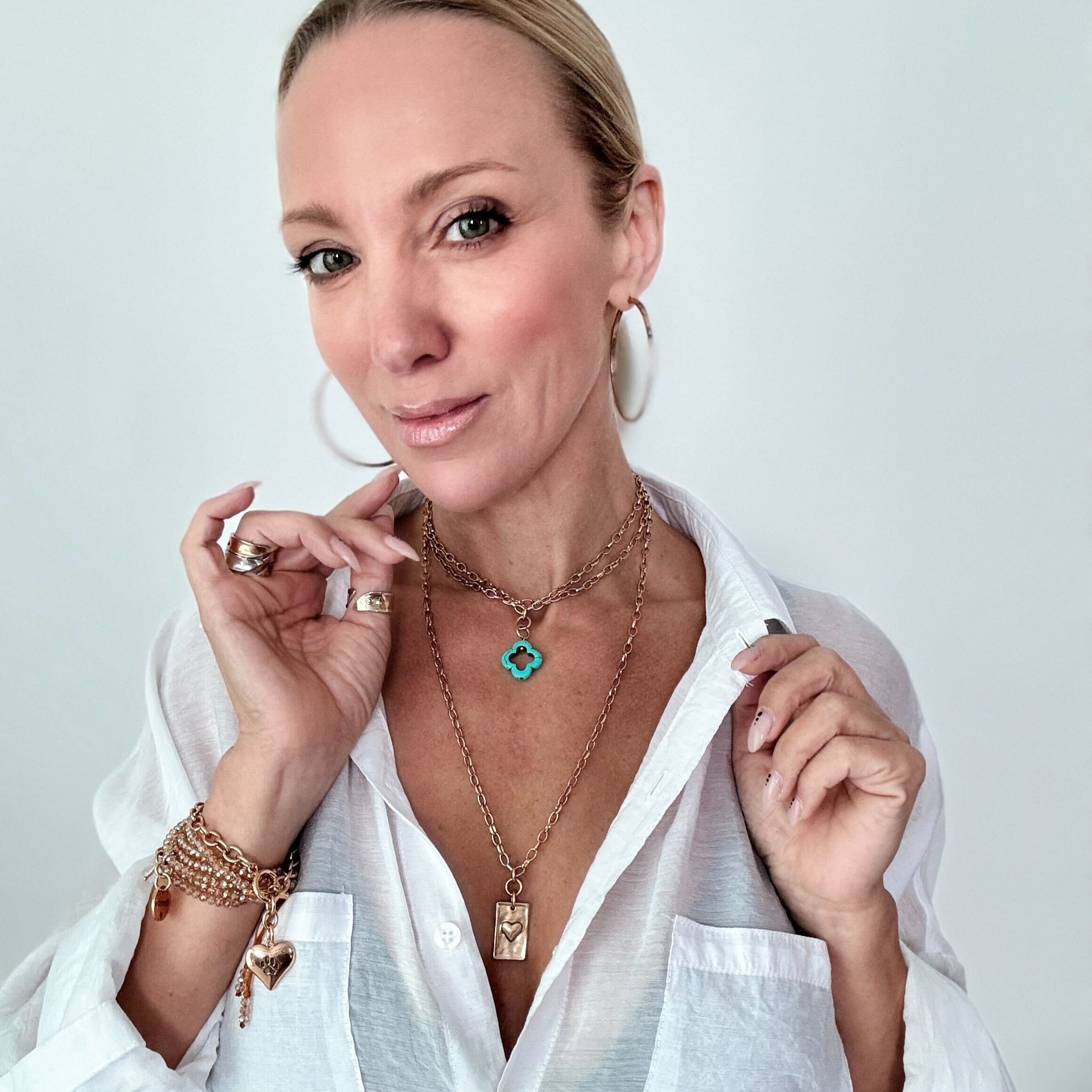 Katia Designs All Is Well Original Lite Necklace with antique gold chain and smoky crystal pendant, elegant and delicate jewelry piece.