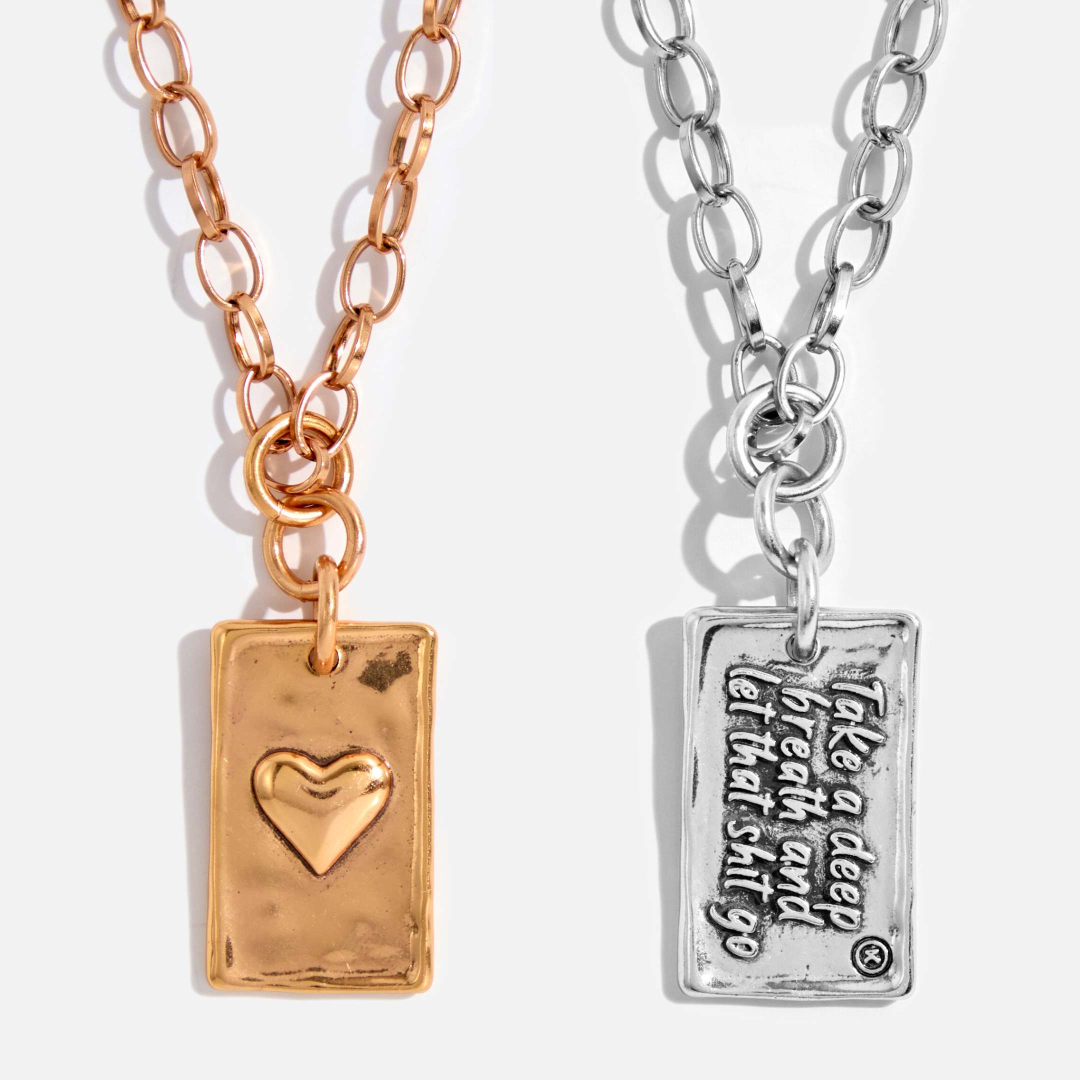Katia Designs original lite necklace with antique gold finish and smoky crystal, featuring a "Take a Deep Breath and Let That Shit Go" pendant.