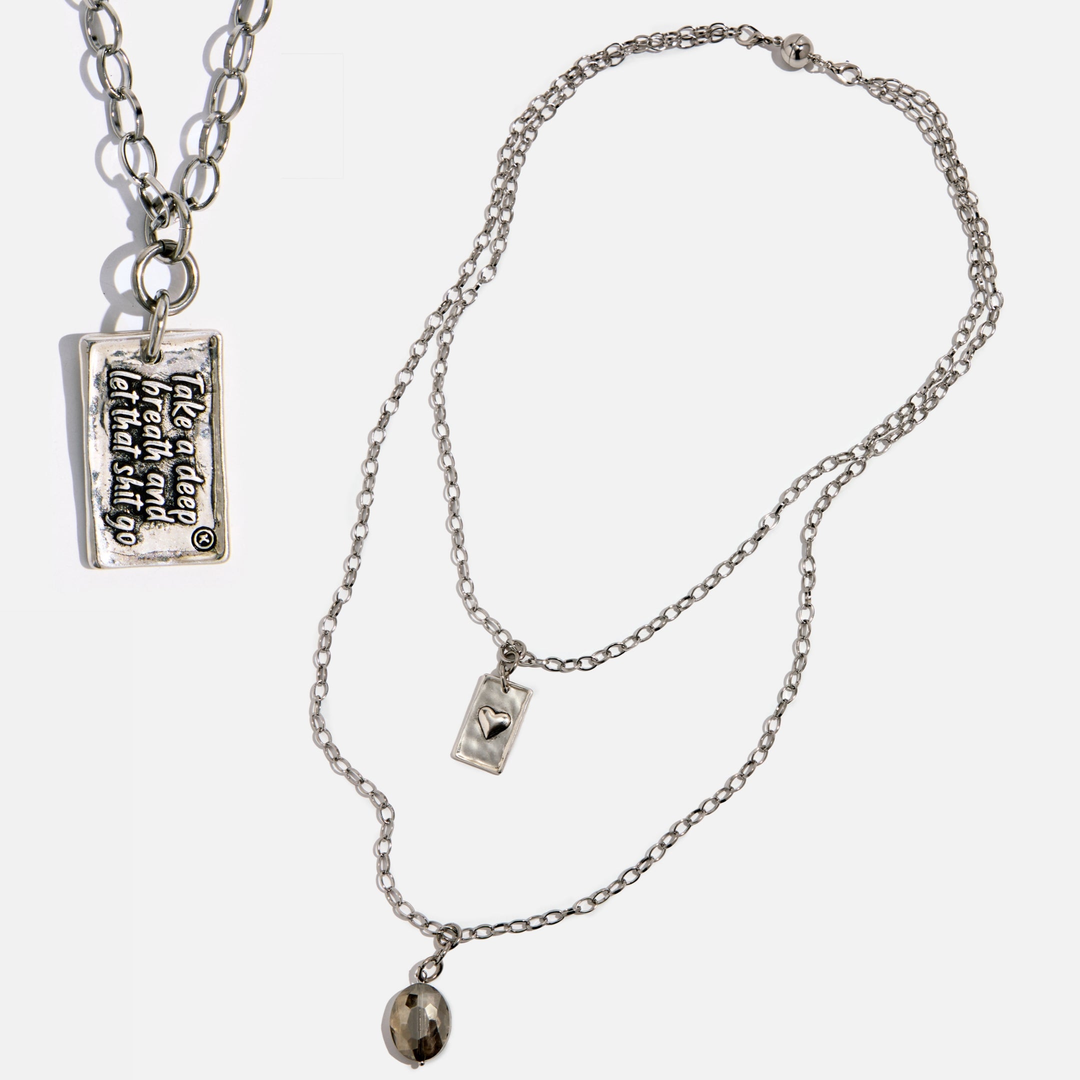 Katia Designs original lite necklace with antique gold finish and smoky crystal, featuring the "Take a Deep Breath and Let That Shit Go" pendant.