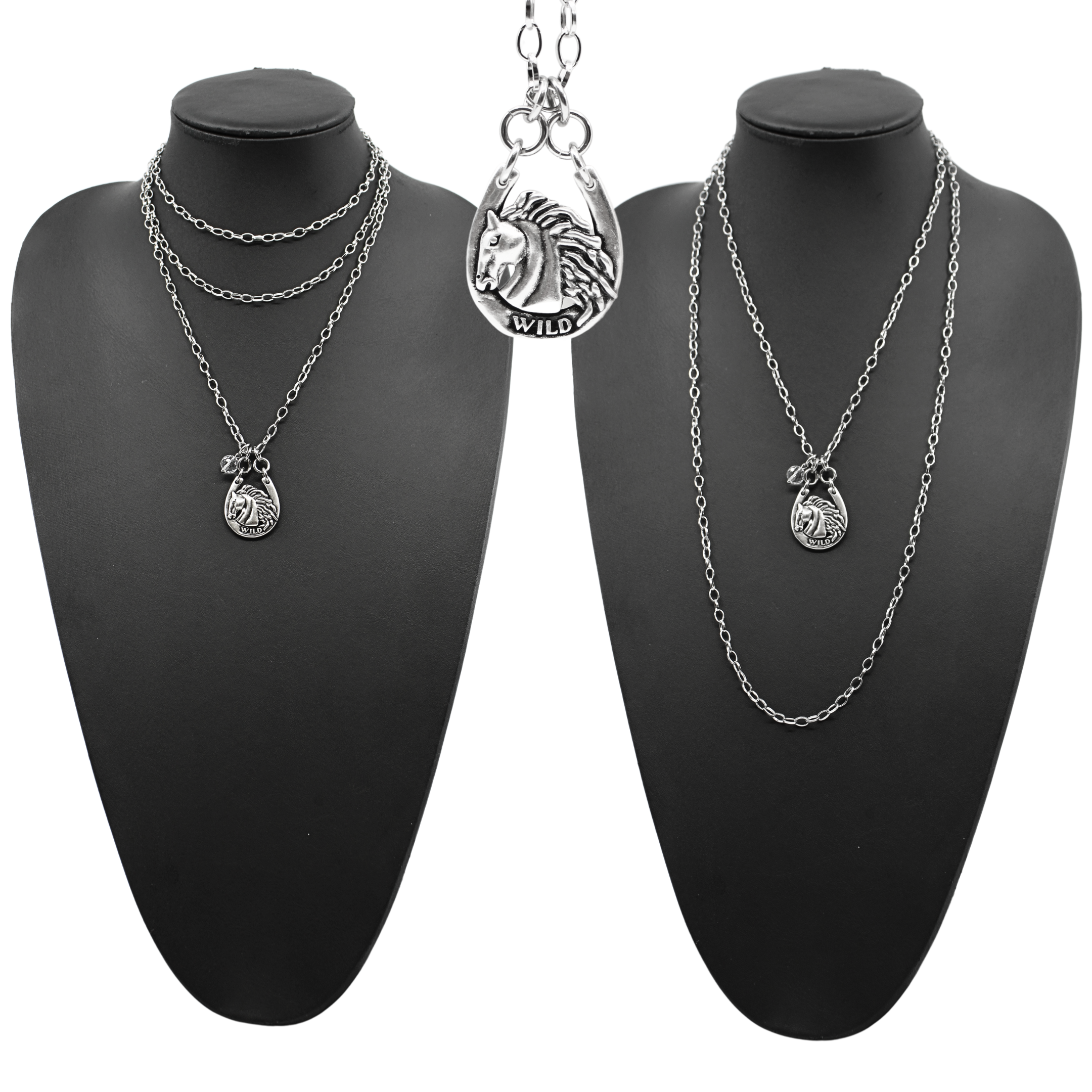 Katia Designs Wild & Free Horse Original Lite Necklace in antique gold, featuring a detailed horse pendant.