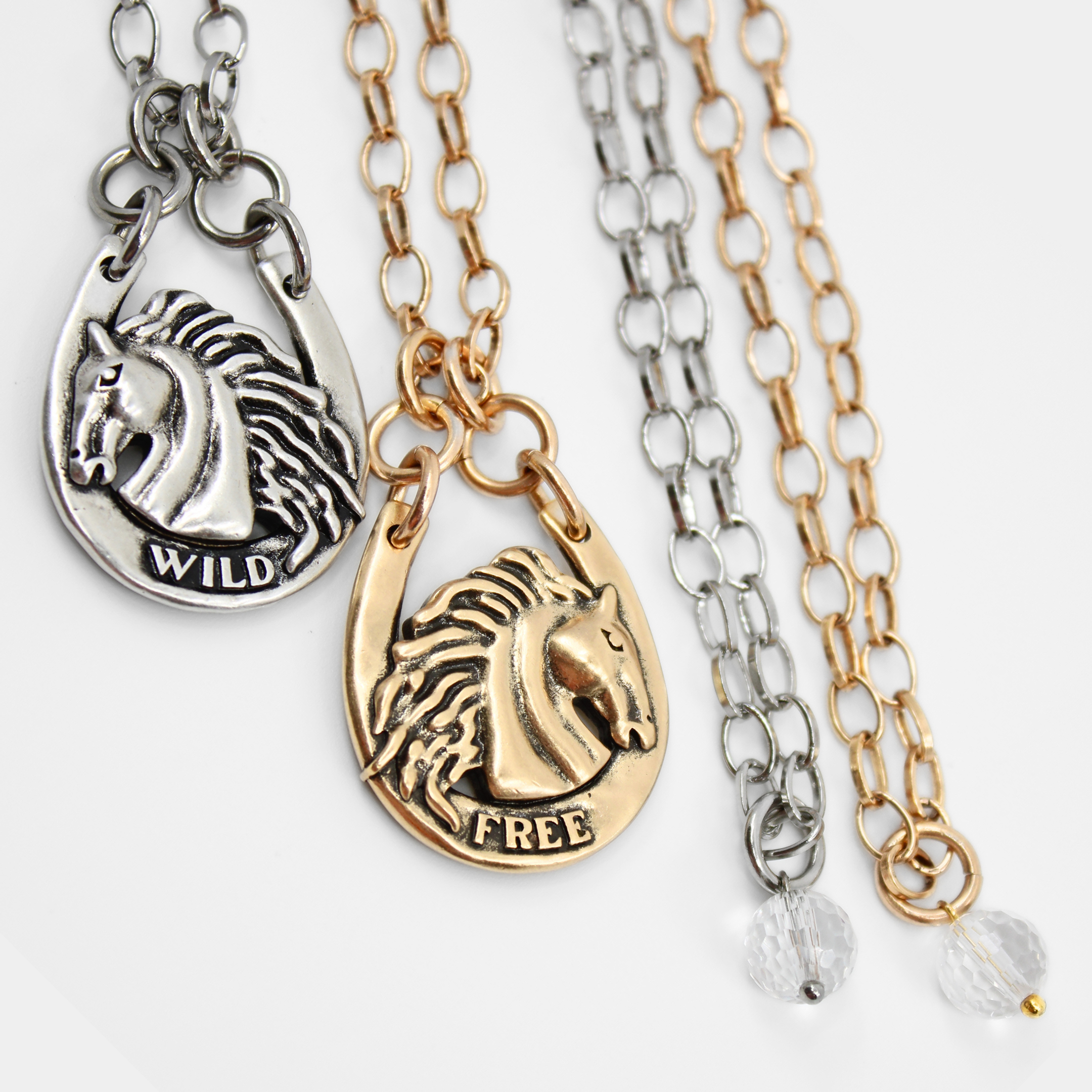 Katia Designs Wild & Free Horse Original Lite Necklace in antique gold with a detailed horse pendant on a delicate chain