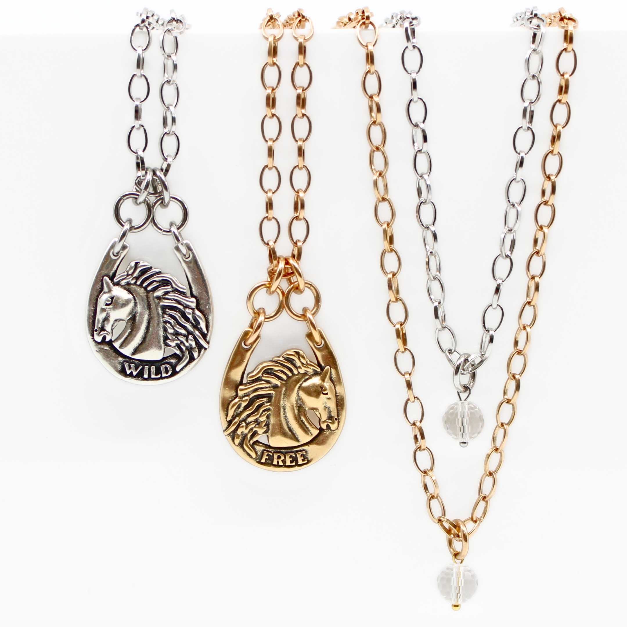 Katia Designs Wild & Free Horse Original Lite Necklace in antique gold with a detailed horse pendant.