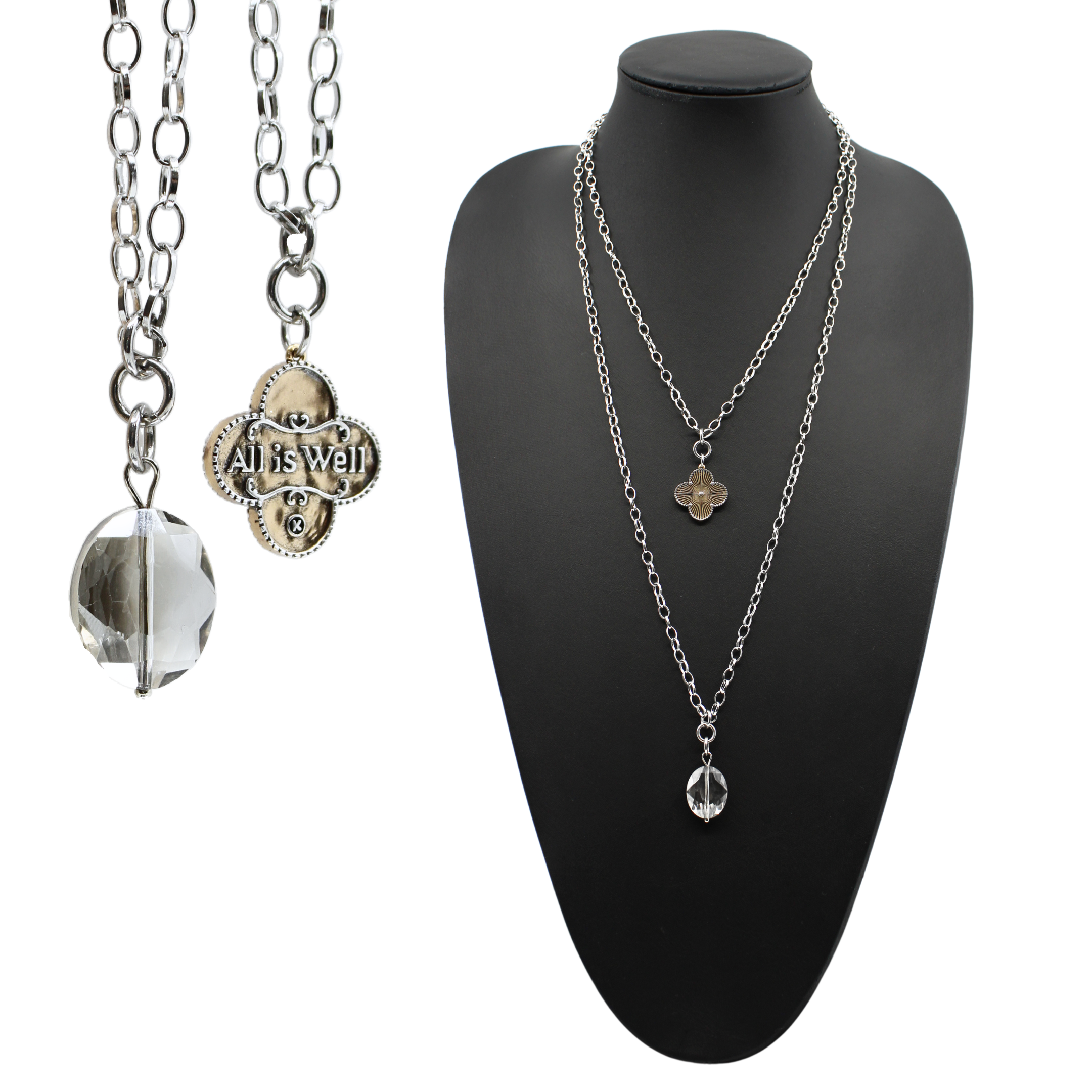 Katia Designs All is Well Clover Original Lite silver necklace with smoky crystal pendant on a delicate chain.