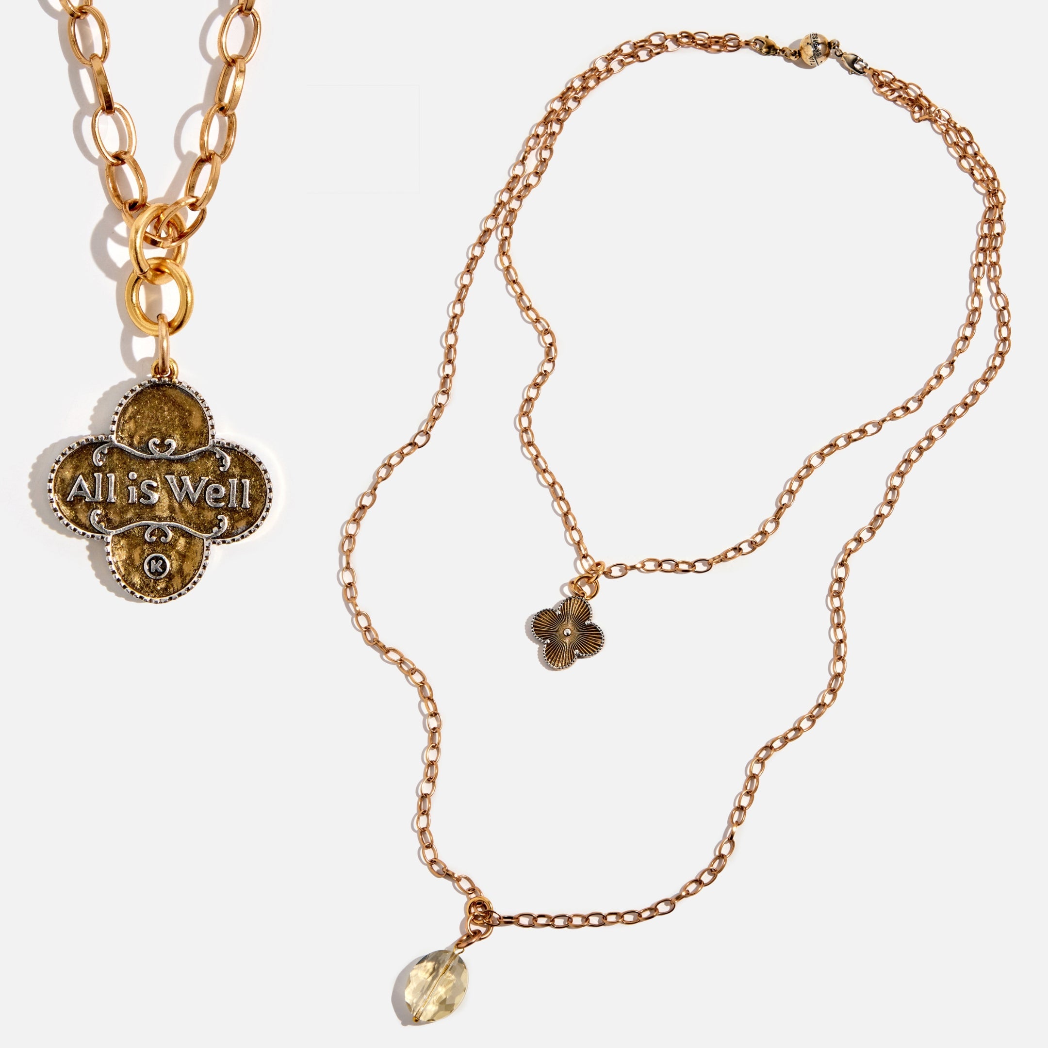 Katia Designs All is Well Clover Original Lite Necklace with silver chain and smoky crystal pendant, elegant jewelry accessory.