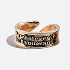 Adjustable ring by Katia Designs with bold engraved text "Do Whatever The F*ck You Want Remember" on a sleek band.