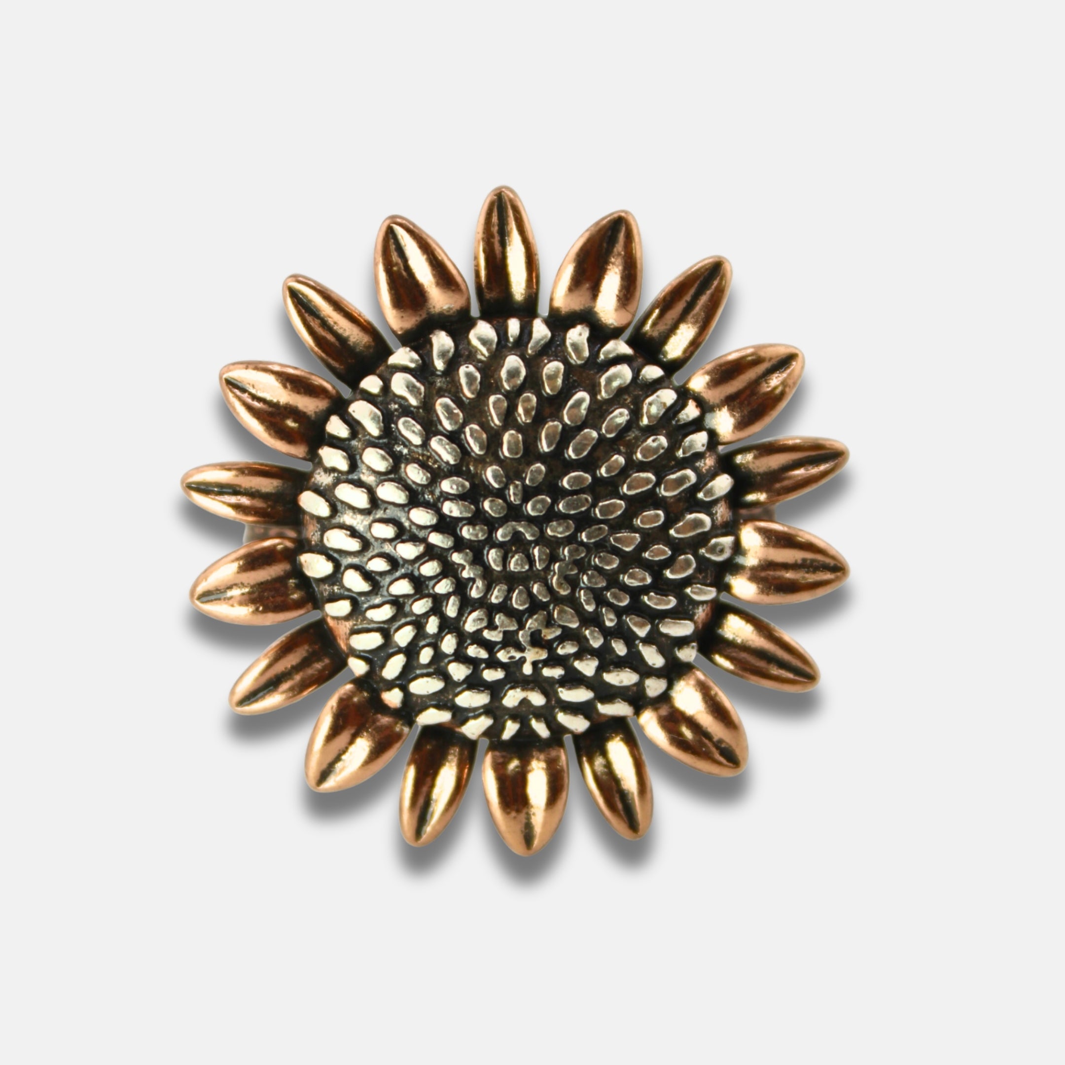 Katia Designs Have Faith Sunflower Inspire adjustable ring featuring a sunflower design and a faith motif on a silver band.