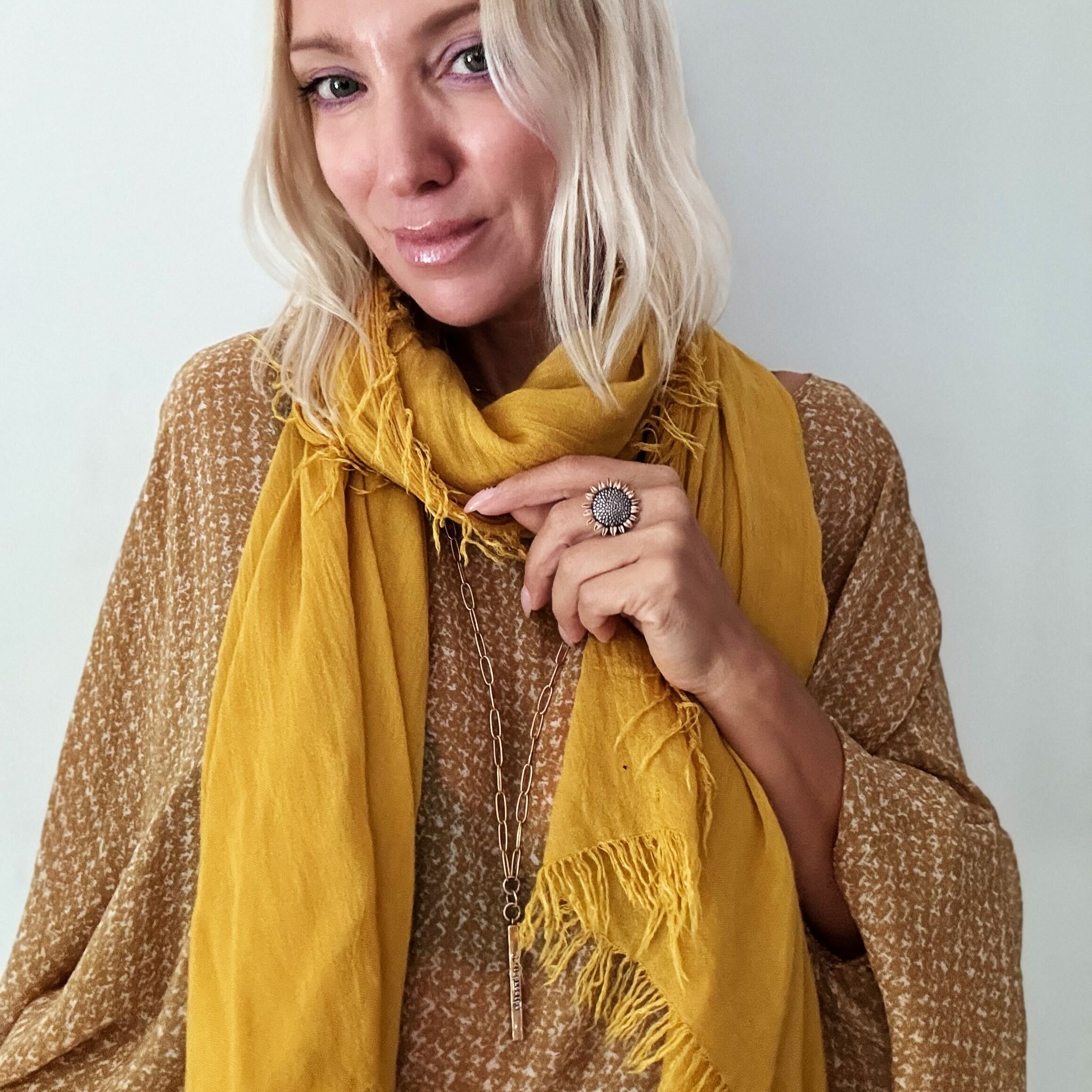 Katia Designs adjustable ring with sunflower and "Have Faith" inscription, featuring inspiring floral jewelry design.