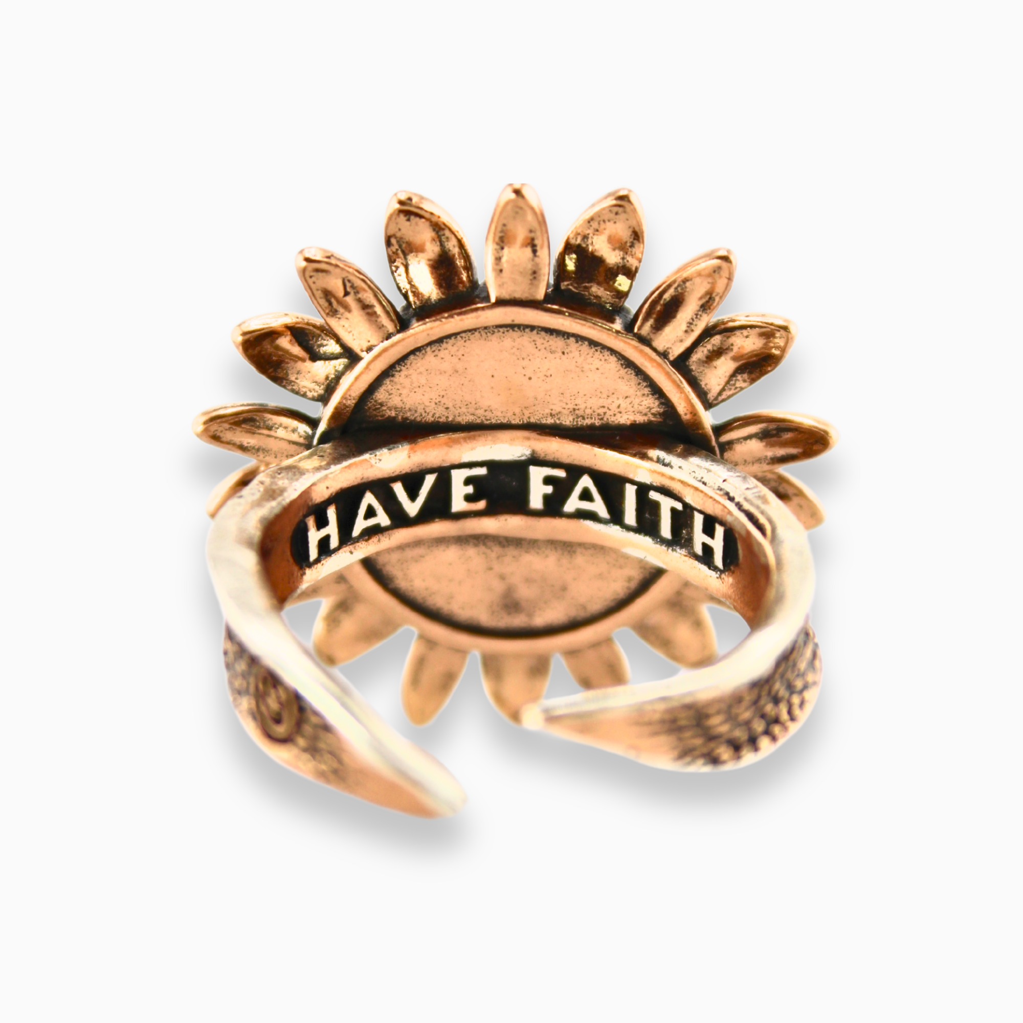 Katia Designs Have Faith Sunflower Inspire adjustable ring with sunflower motif and adjustable band, silver-tone jewelry accessory.