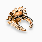 Katia Designs Have Faith Sunflower Inspire adjustable ring with sunflower motif and engraved message, silver-toned jewelry.