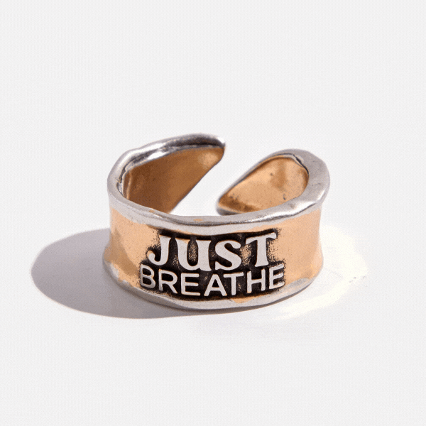 Katia Designs Just Breathe Remember adjustable ring with engraved motivational message on silver-tone band.