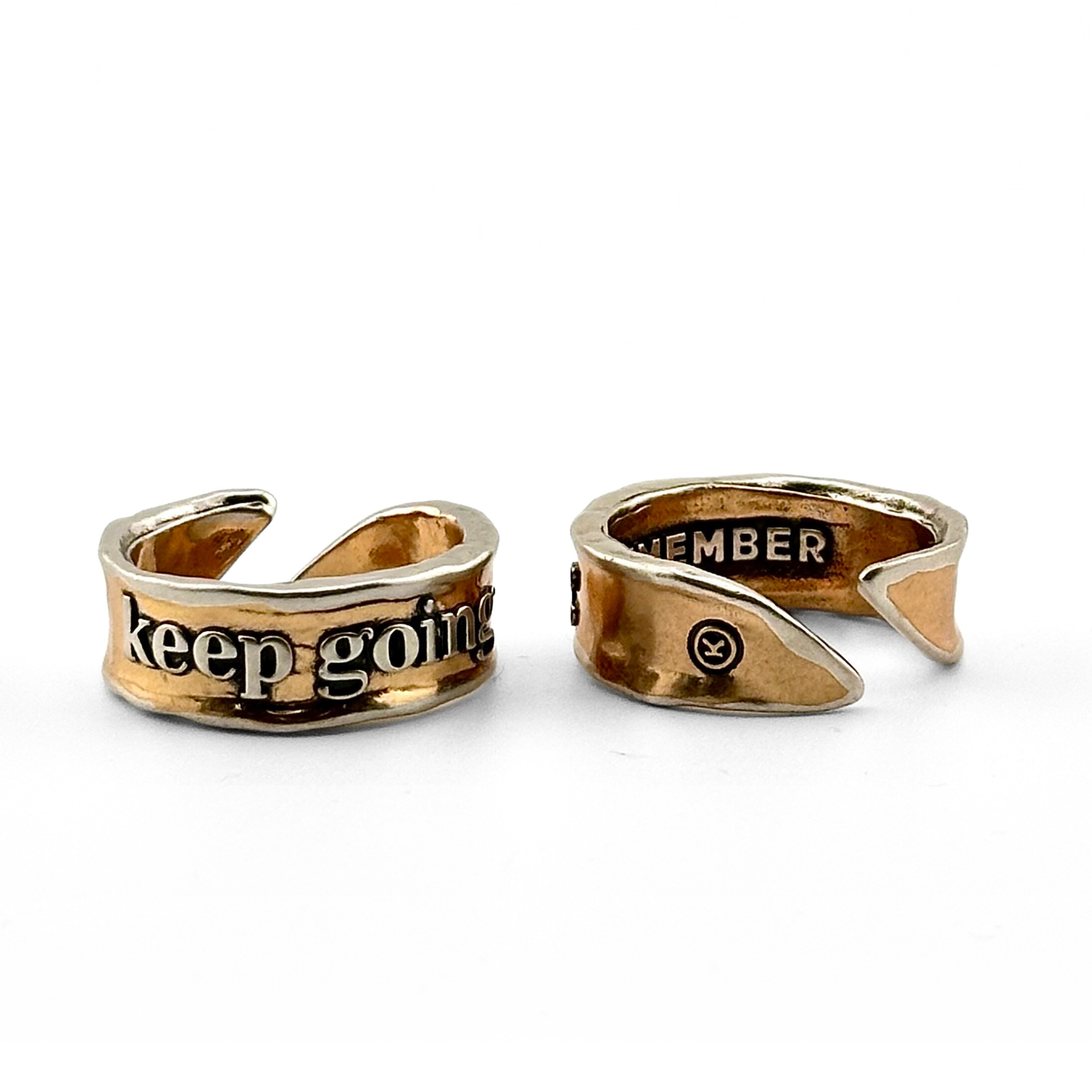 Katia Designs Keep Going Remember adjustable ring with engraved message, silver-tone metal, small and sleek design.