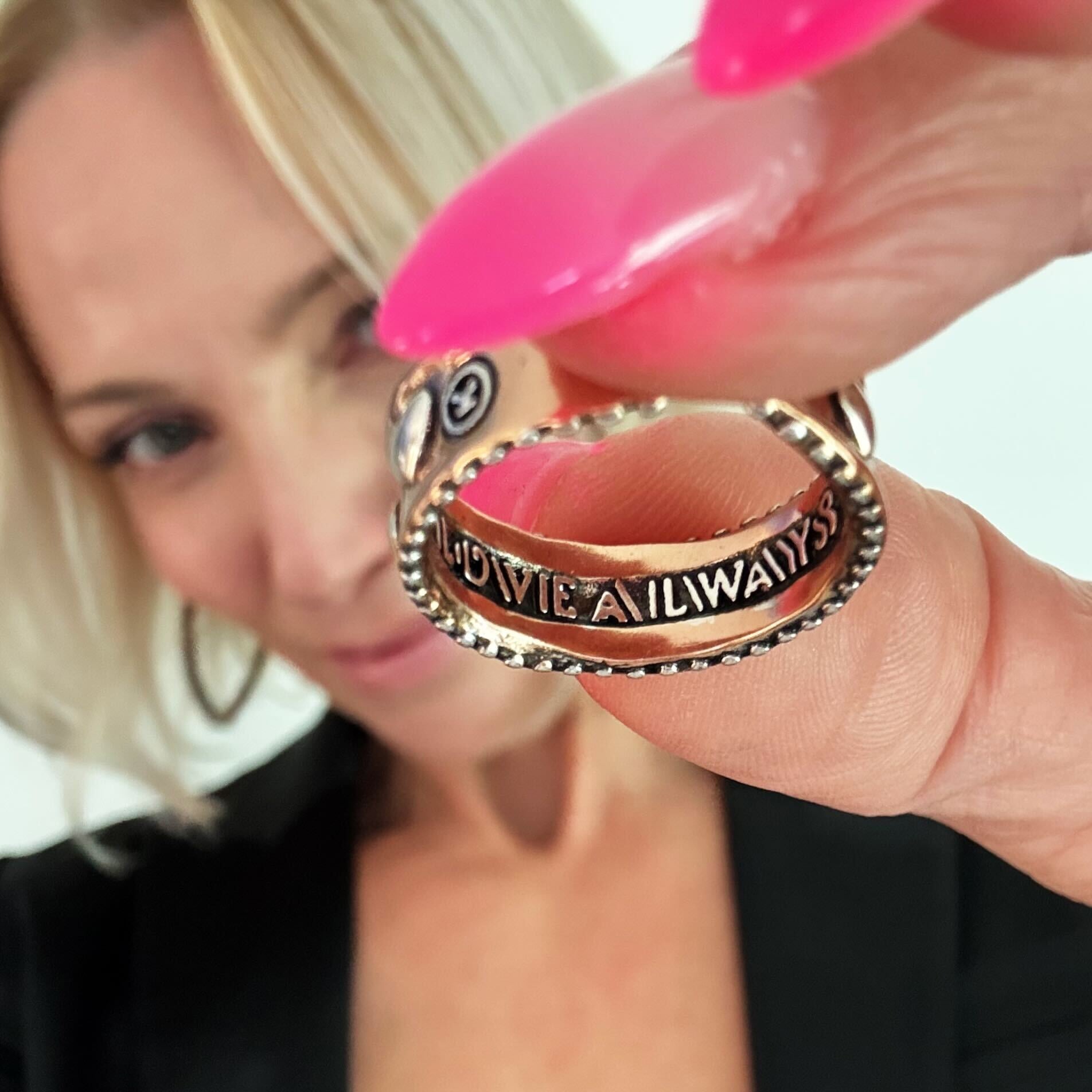 Katia Designs Love Always Hearts adjustable ring with heart-shaped accents and open band design, sterling silver jewelry.