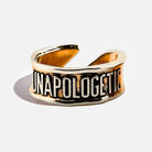 Katia Designs Unapologetic Remember adjustable ring with modern design and silver finish, shown on a finger.