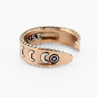 Katia Designs Trust Moon Phase adjustable ring with celestial moon phase design on a silver band, size 6-8.