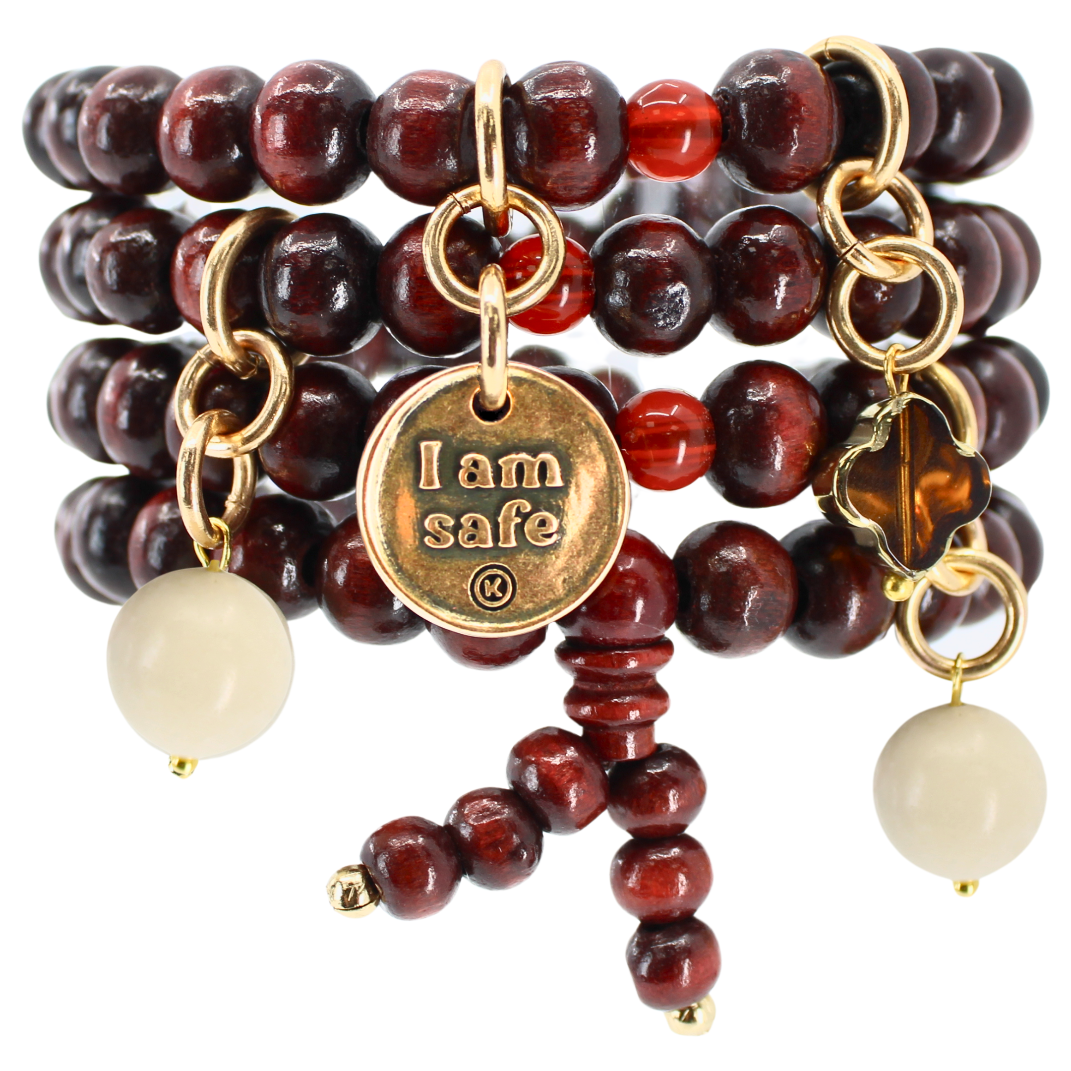 Katia Designs I Am Safe Heart wood boho wrap bracelet and necklace with antique gold accents, featuring a heart pendant.