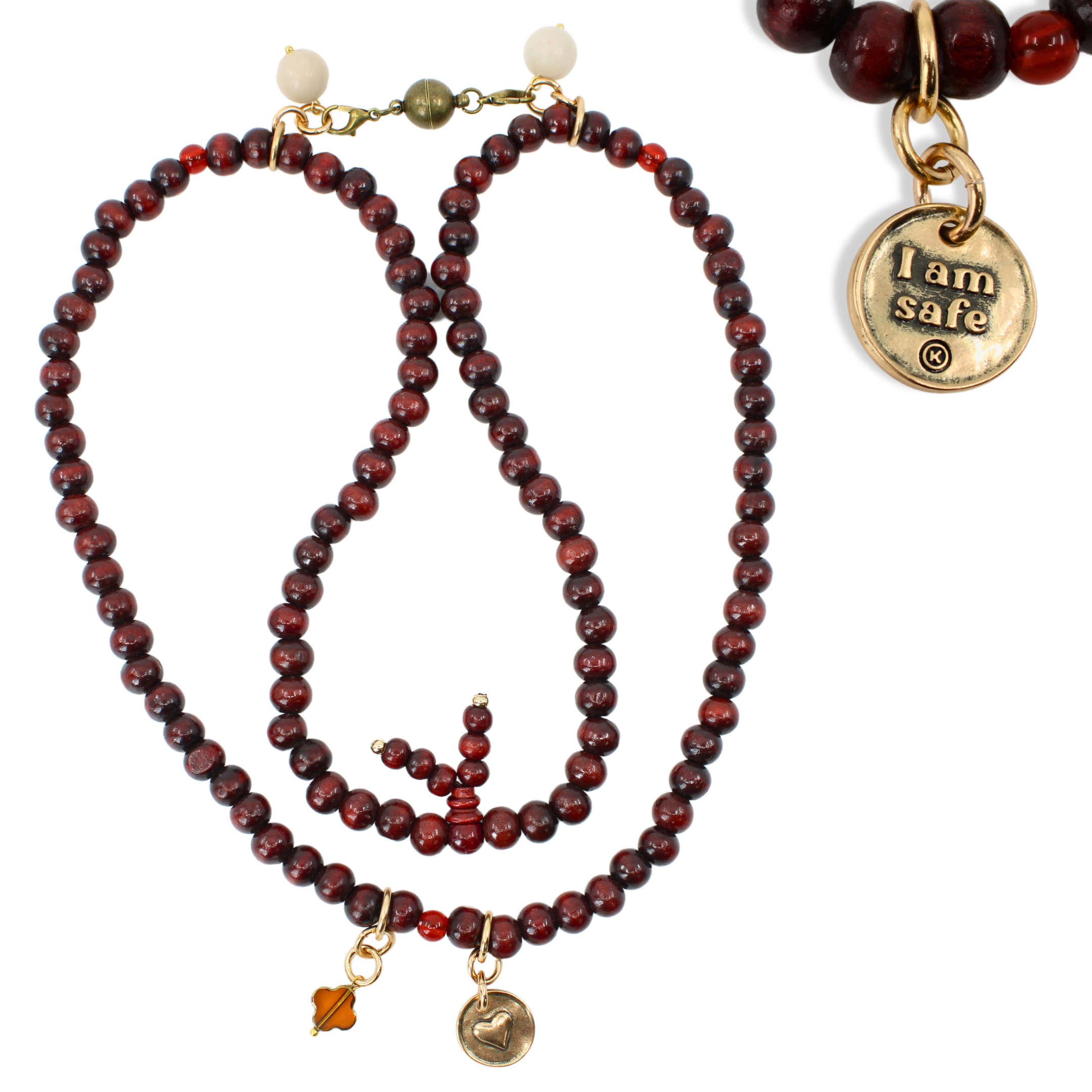 Katia Designs I Am Safe Heart wood boho wrap bracelet and necklace with antique gold accents and adjustable fit.