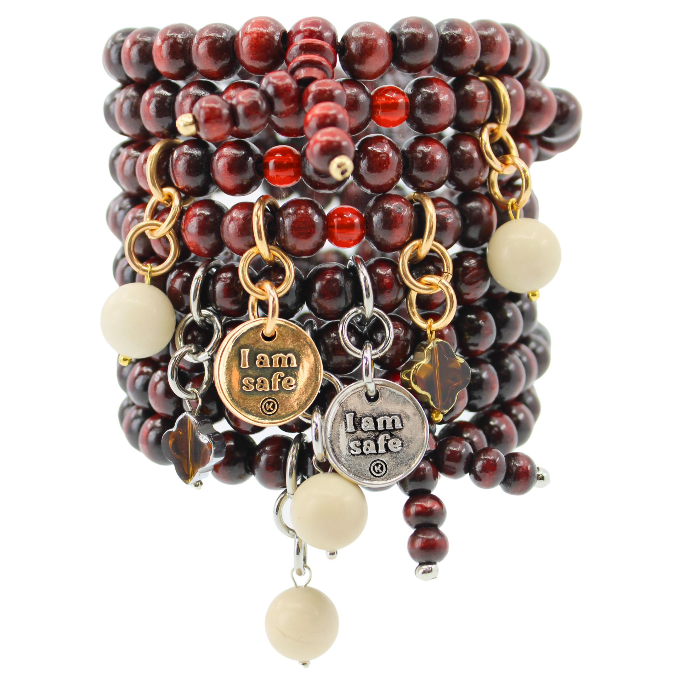 Katia Designs I Am Safe Heart wood boho wrap bracelet and necklace with antique gold accents, featuring a carved heart pendant.