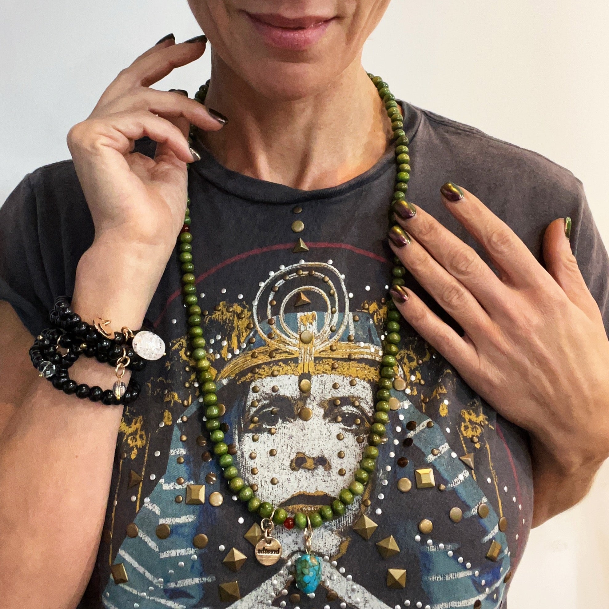 Katia Designs Breathe Heart Wood Boho Wrap Bracelet and Necklace with natural wood beads and heart charm, bohemian style accessory.
