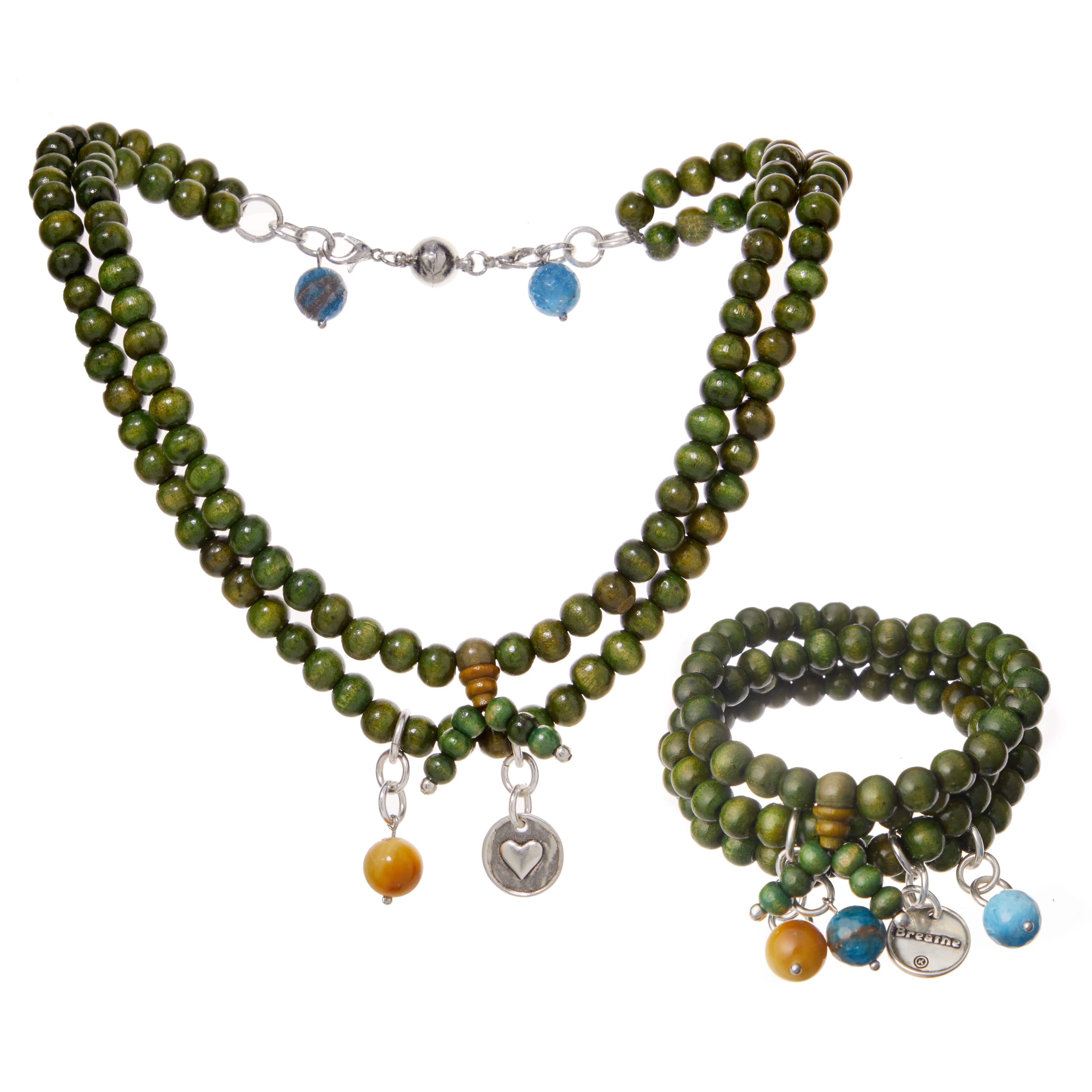 Katia Designs Breathe Heart Wood Boho Wrap Bracelet and Necklace featuring natural wood beads and a heart pendant.