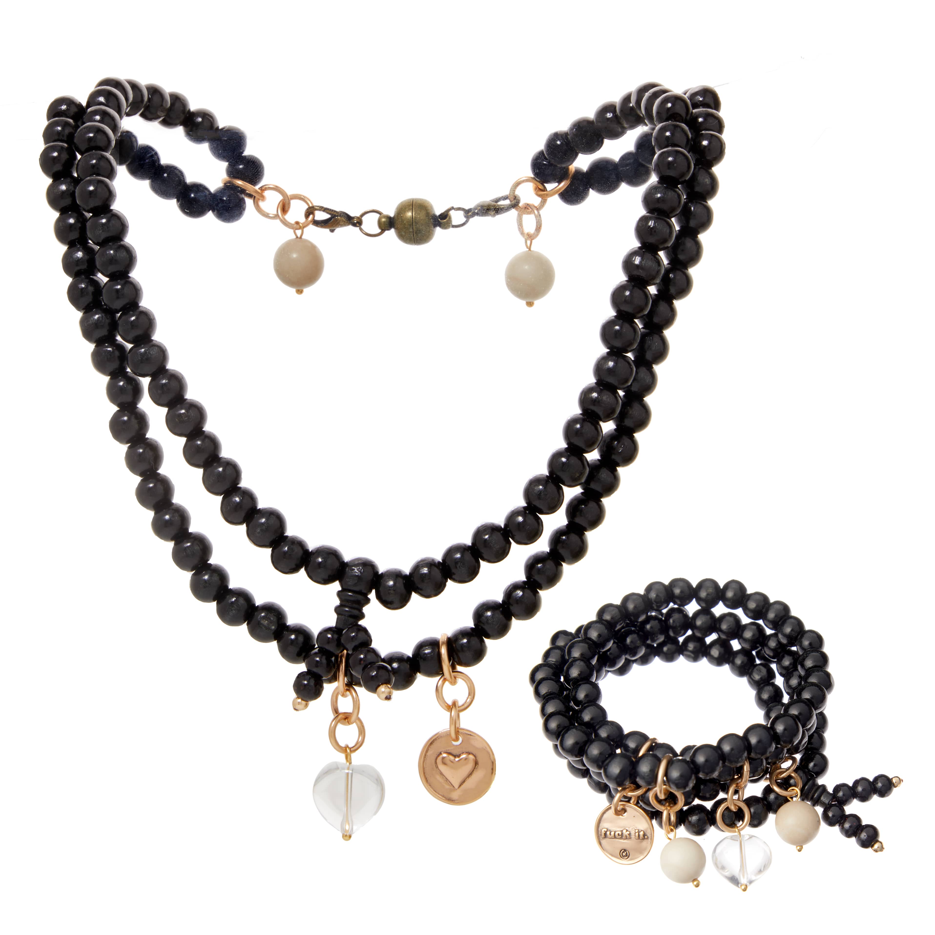 Katia Designs F*ck It Heart wood boho wrap bracelet and necklace with natural wood beads and bohemian style.