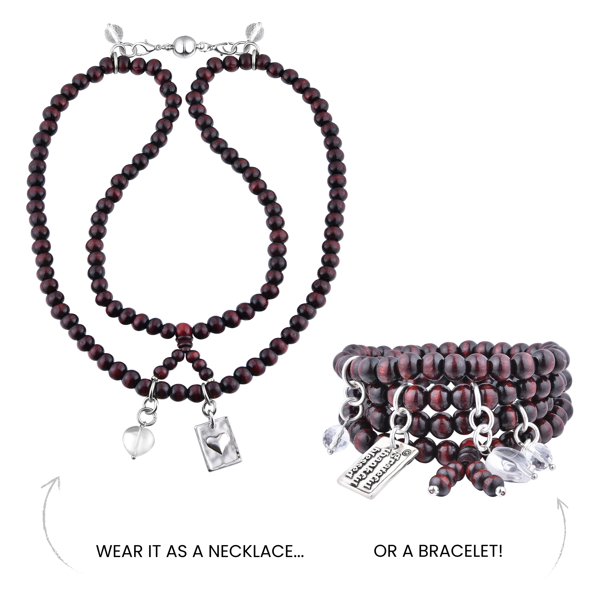 Wood boho wrap bracelet and necklace with a heart charm, featuring "Grateful Thankful Blessed" engraved, by Katia Designs.