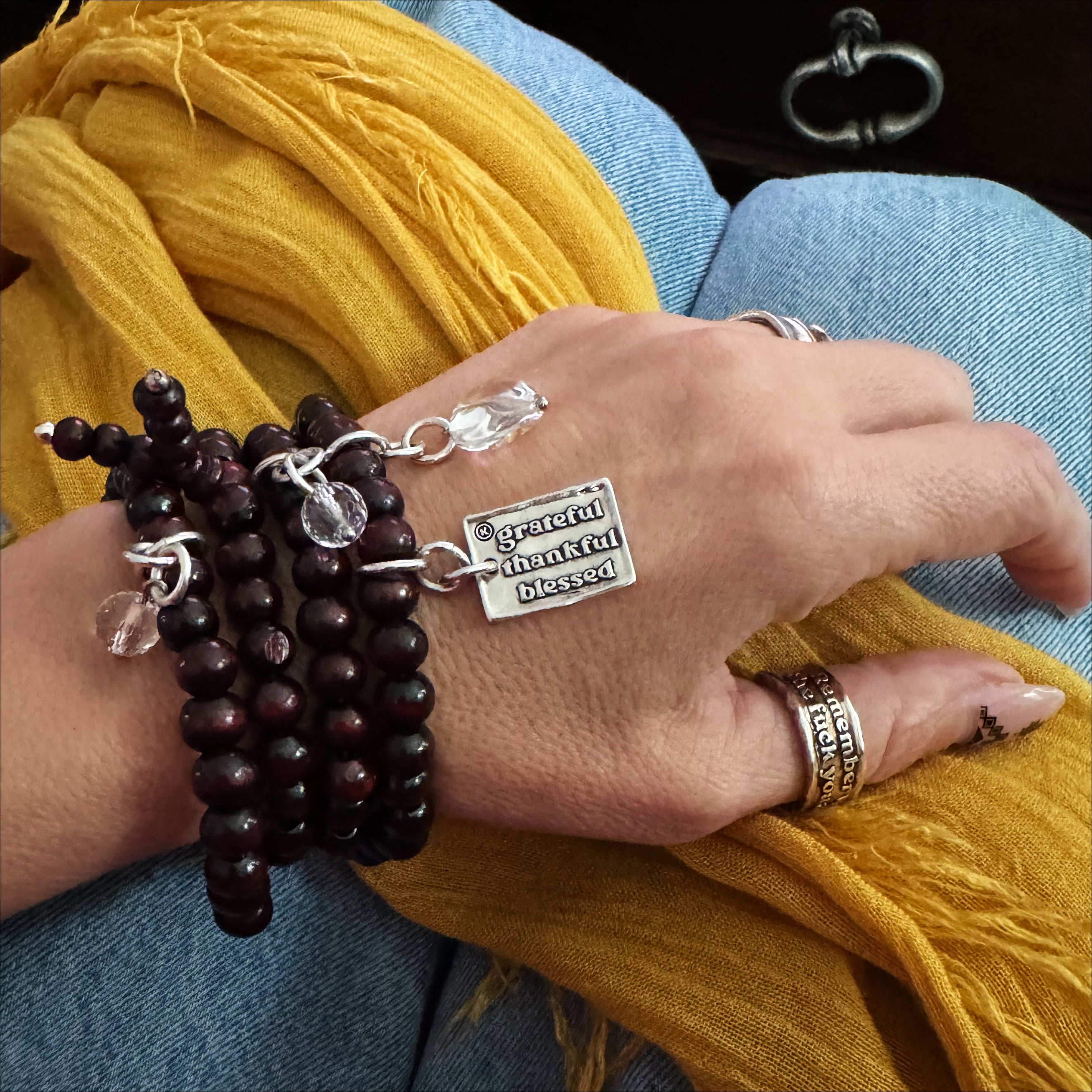 Wood boho wrap bracelet and necklace with a heart charm featuring grateful, thankful, blessed inscription by Katia Designs.