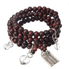 Wood boho wrap bracelet or necklace with grateful, thankful, blessed heart charm by Katia Designs, featuring natural wooden beads.