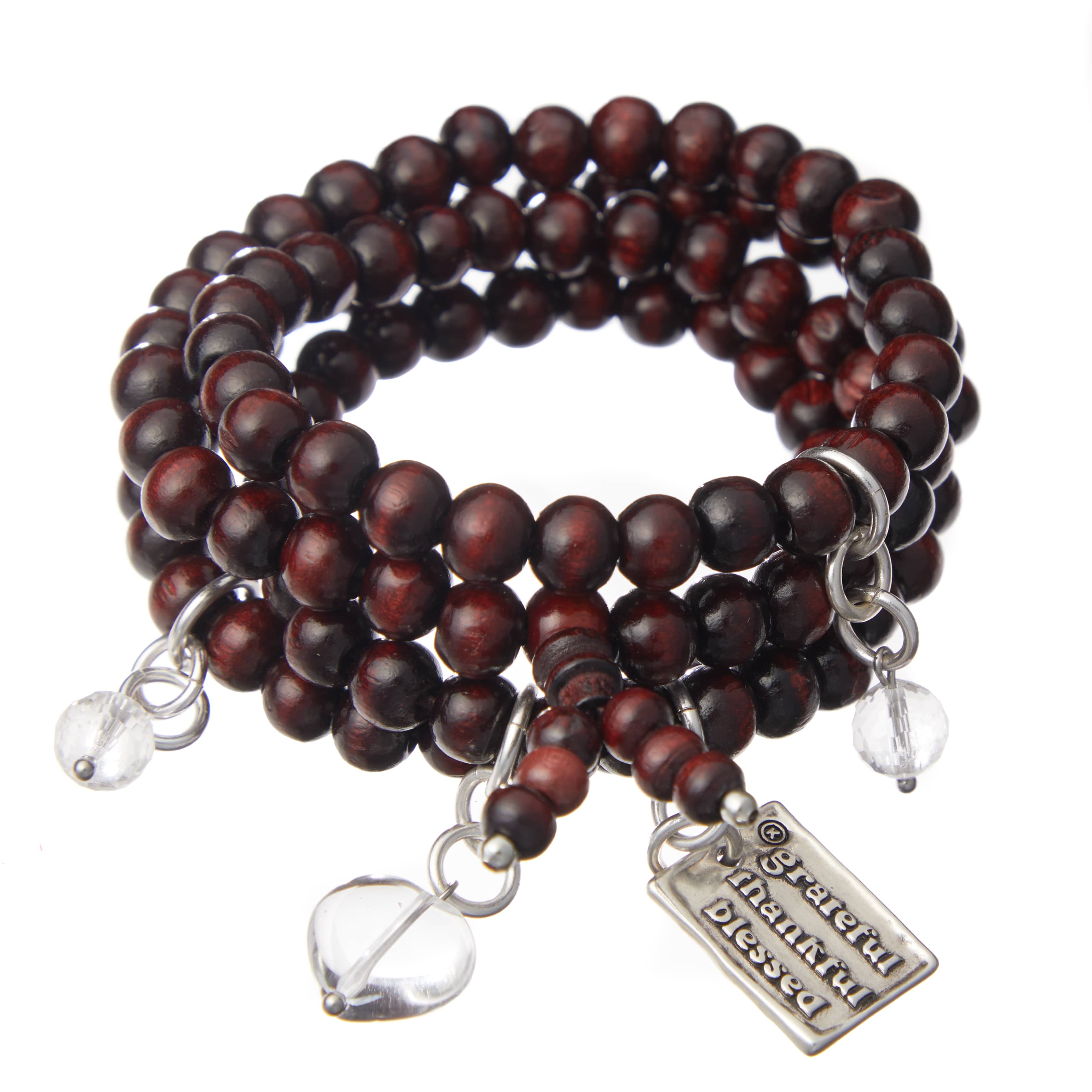 Wood boho wrap bracelet or necklace with grateful, thankful, blessed heart charm by Katia Designs, featuring natural wooden beads.