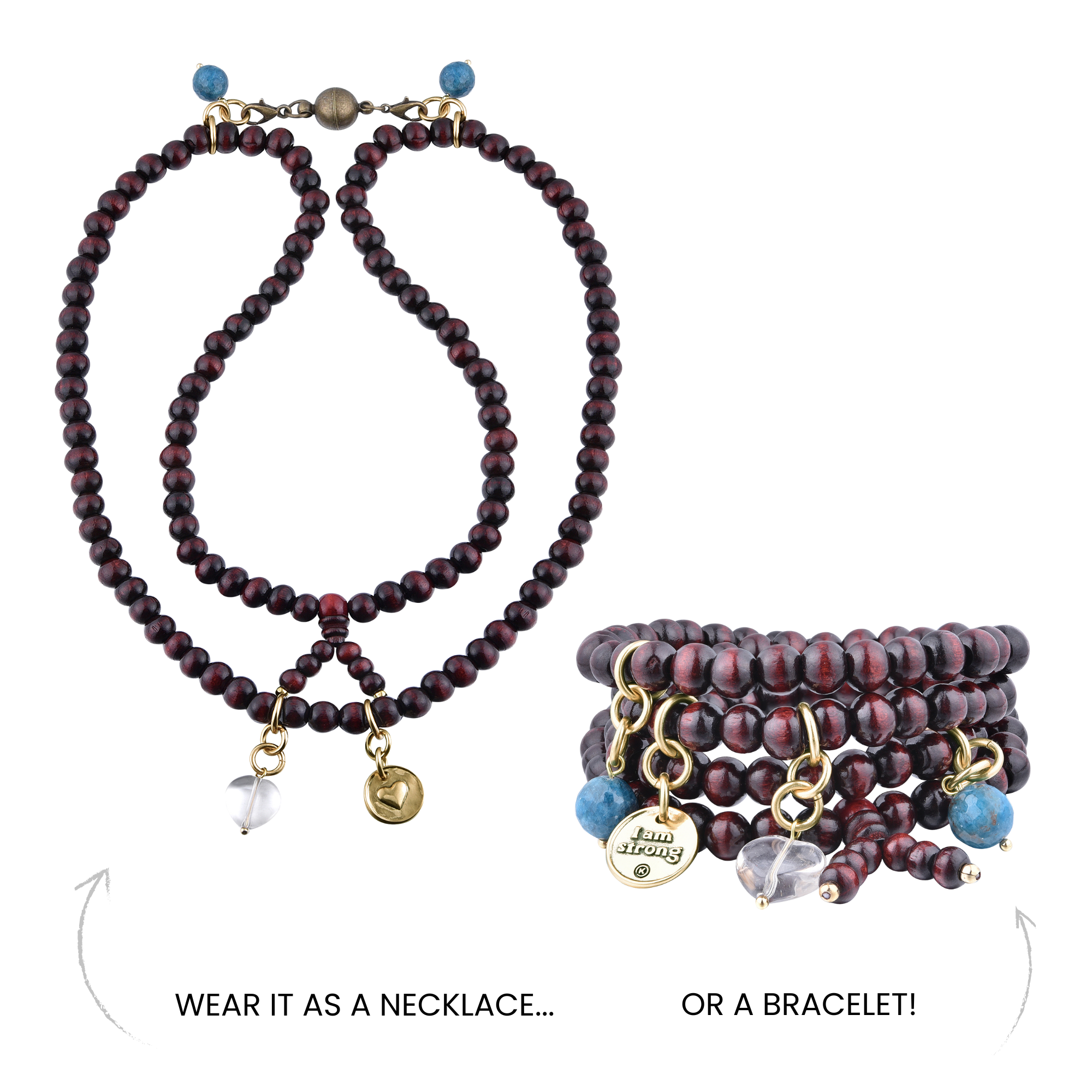 Katia Designs I Am Strong Heart wood boho wrap bracelet and necklace featuring a heart pendant and natural wood beads