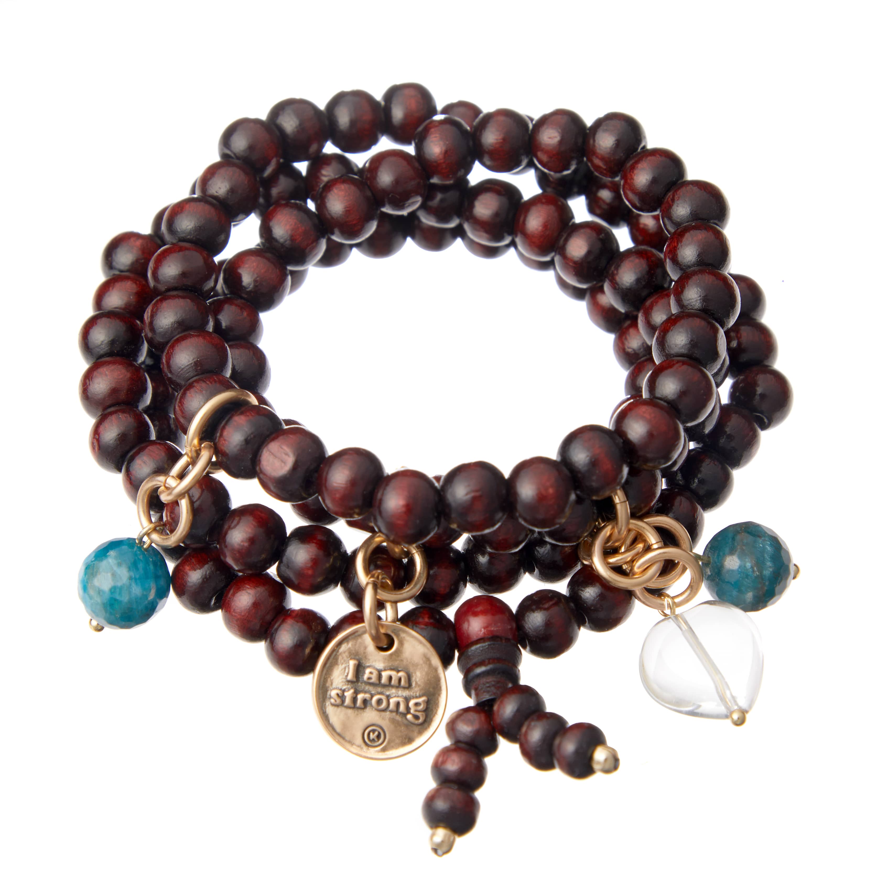 Katia Designs I Am Strong Heart wood boho wrap bracelet and necklace with carved heart pendant and natural wood beads