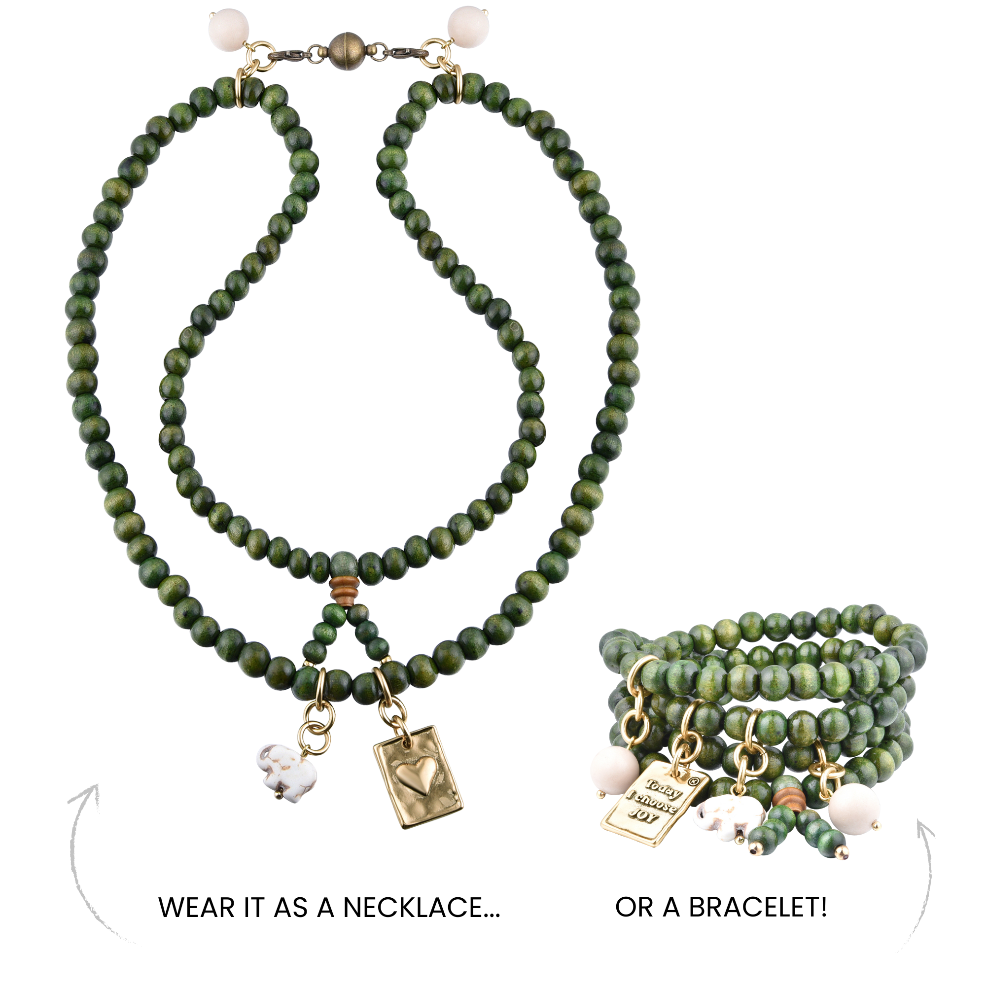 Katia Designs heart wood boho wrap bracelet and necklace featuring natural wood beads and a "Today I Choose Joy" charm.