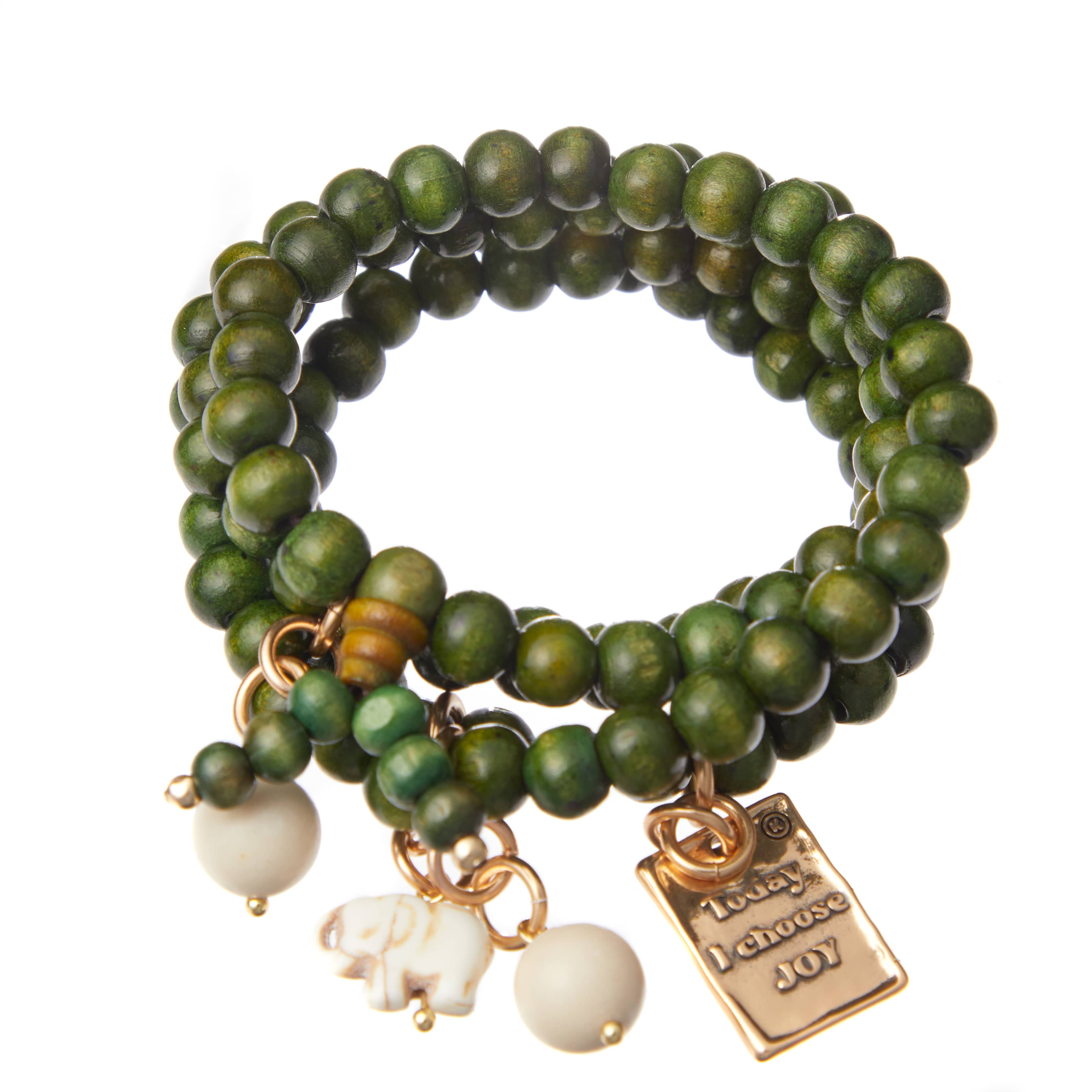 Katia Designs heart-shaped wood boho wrap bracelet and necklace with "Today I Choose Joy" charm on natural wood beads
