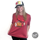KC Football Bow Heather Cardinal short sleeve crewneck tee by The Graphic Tee, featuring a football-themed graphic on a heathered fabric.