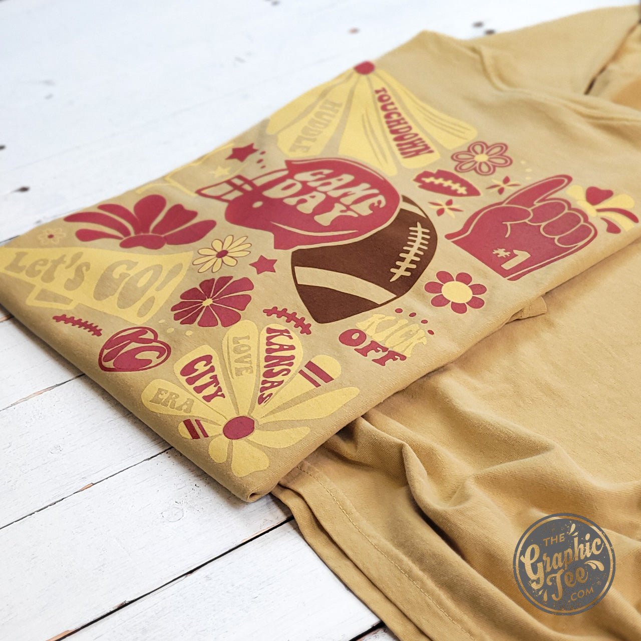 KC Groovy Mustard Comfort Colors long sleeve graphic tee, soft cotton shirt with colorful retro design and comfortable fit.