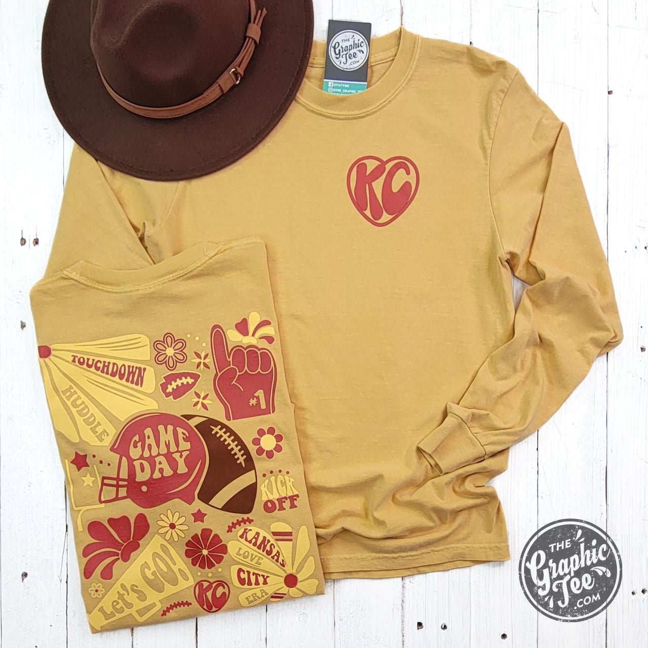 Yellow Comfort Colors long sleeve graphic tee with "KC Groovy Mustard" design by The Graphic Tee, casual and stylish for everyday wear.