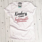 Gray V-neck graphic tee from The Graphic Tee with the phrase "Kindness is Always Fashionable" printed on the front.