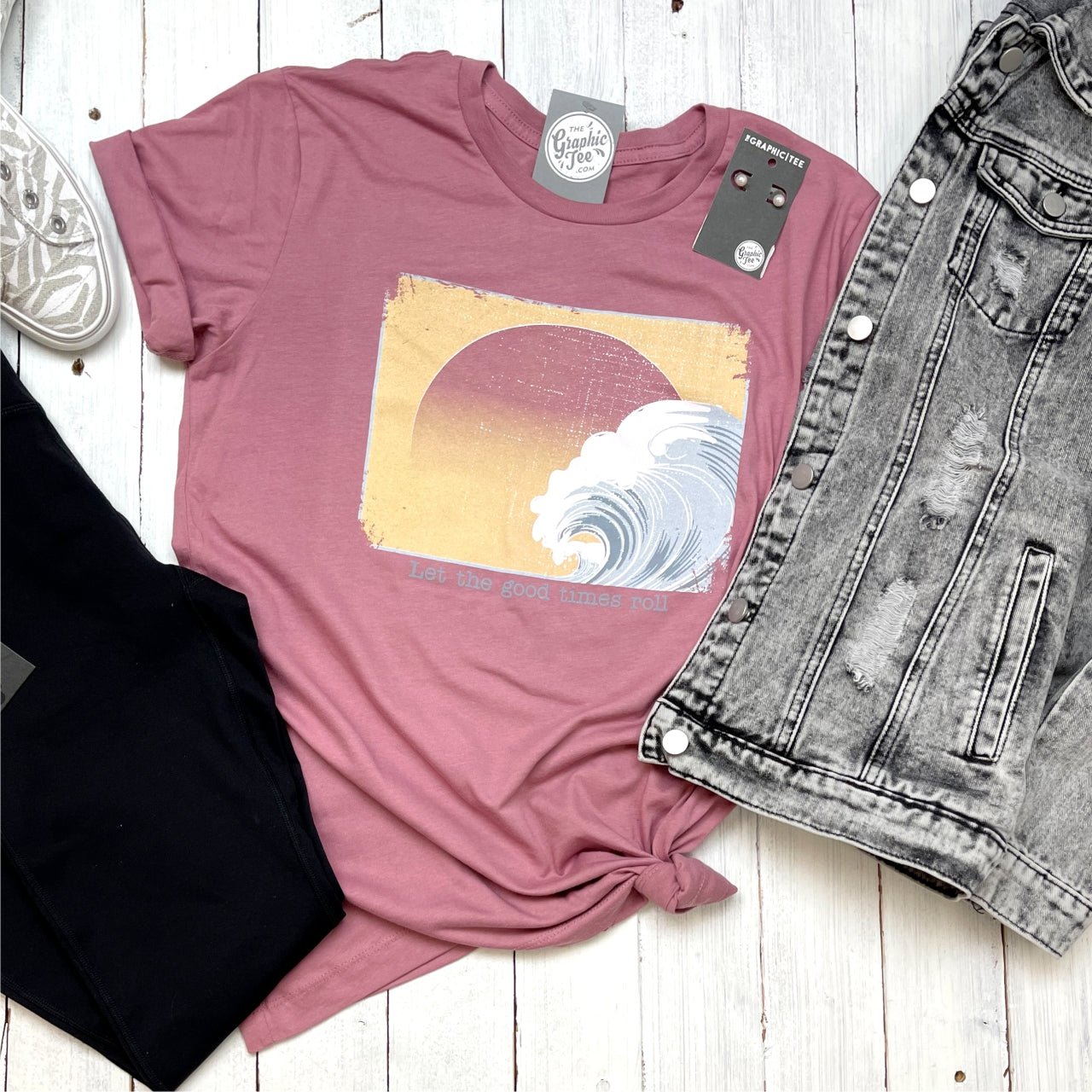 Light blue short sleeve graphic tee from The Graphic Tee featuring a fun "Let The Good Times Roll" print on the front.