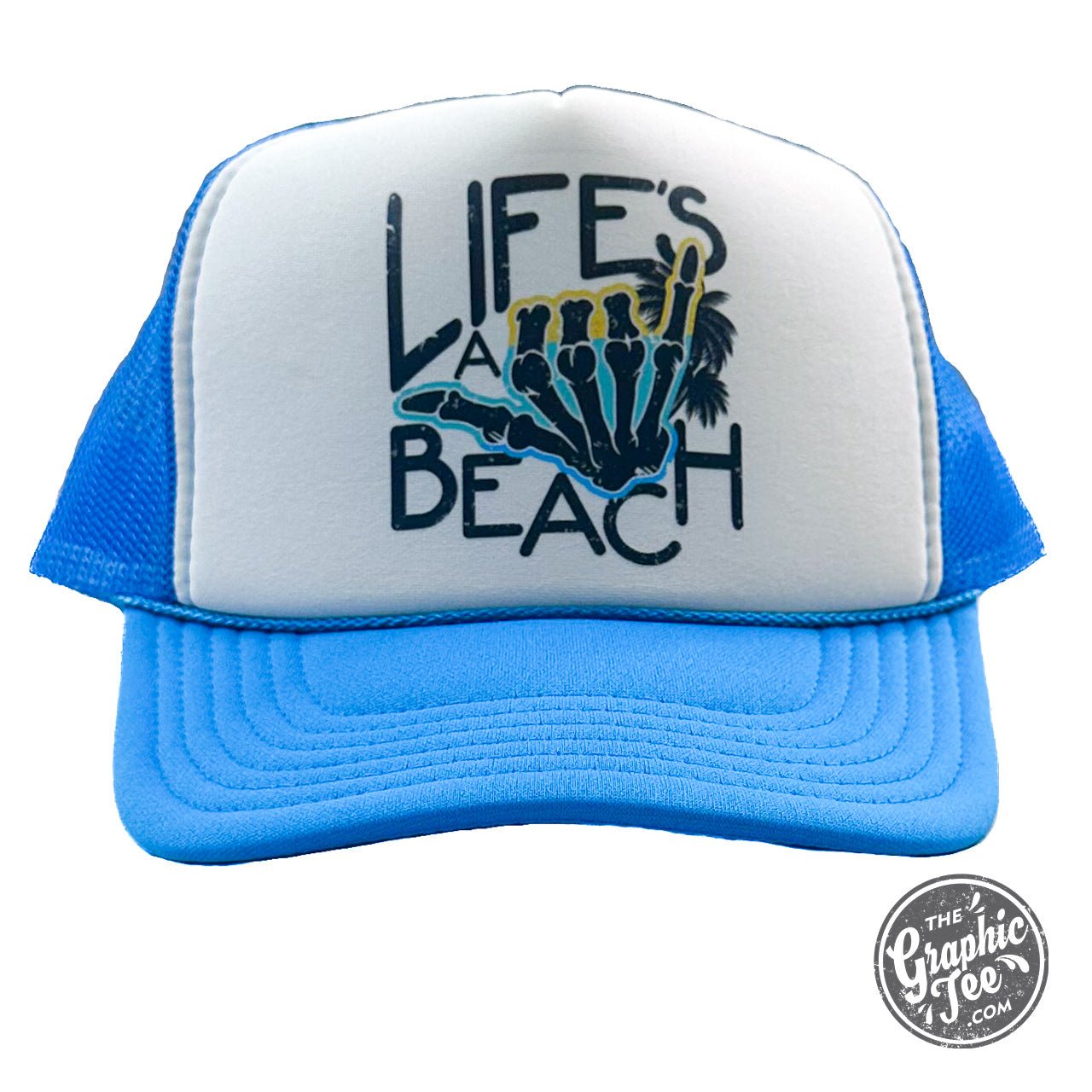 Life's A Beach foam trucker cap from The Graphic Tee with a colorful beach-themed design and adjustable strap.