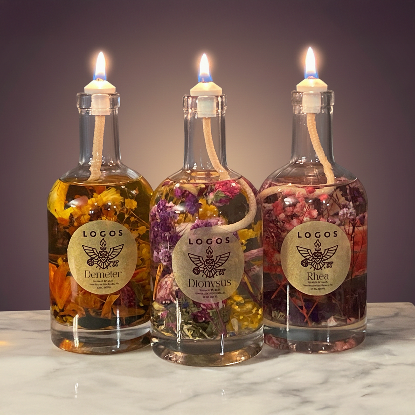 Logo Candles Abundance Altar Trio bundle featuring three spiritual altar candles with decorative designs for abundance and prosperity.
