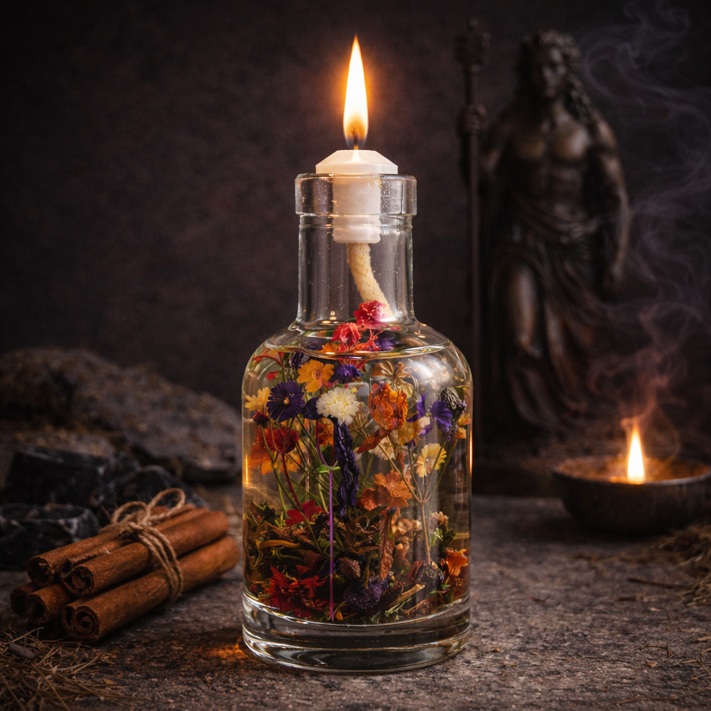 Logos Candles Artemis oil candle with a glass container and lit wick, creating a warm, inviting glow.