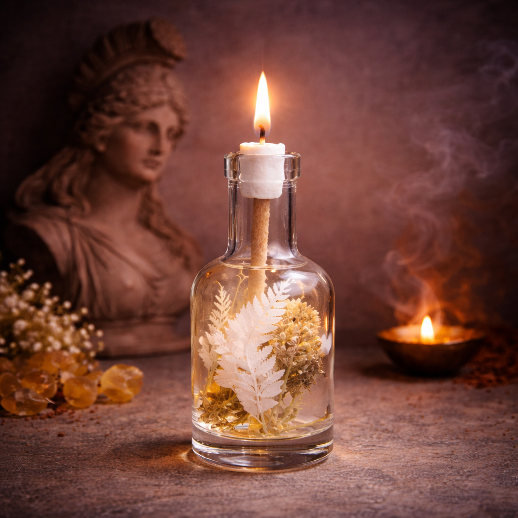 Athena oil candle from Logos Candles featuring a sleek glass container and a lit wick for ambient lighting.