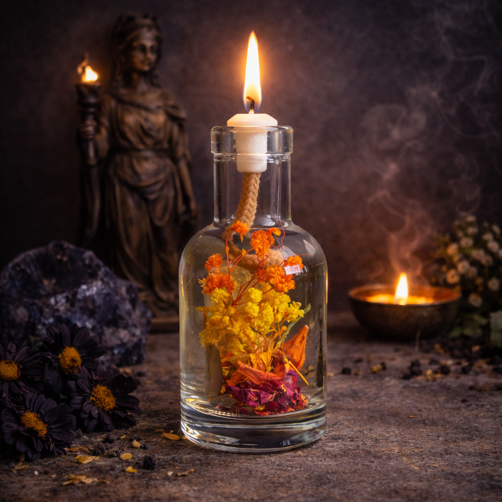 Demeter oil candle by Logos Candles featuring a sleek glass container with a lit wick and fragrant oil for ambient lighting.