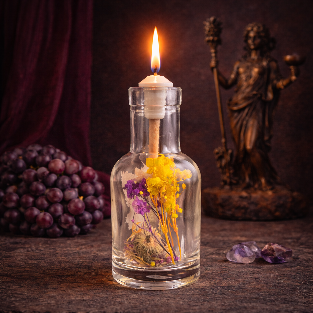 Dionysus oil candle from Logos Candles featuring a decorative glass container with a burning wick and rich, warm glow.