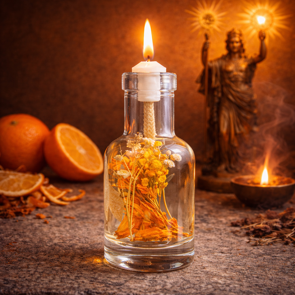 Helios oil candle by Logos Candles with a glass container and flickering flame, perfect for ambient lighting and relaxation.