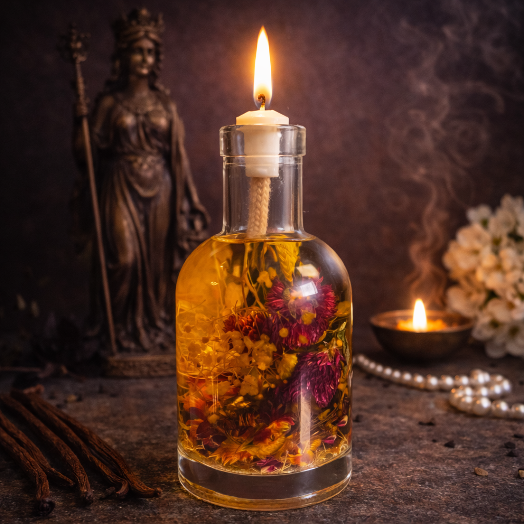 Hera oil candle by Logos Candles, featuring a glass container with a lit flame and elegant design.