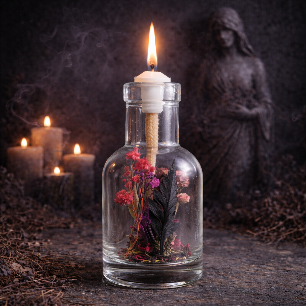 Logos Candles Lilith oil candle with a sleek glass container and warm flickering flame, perfect for ambient lighting.