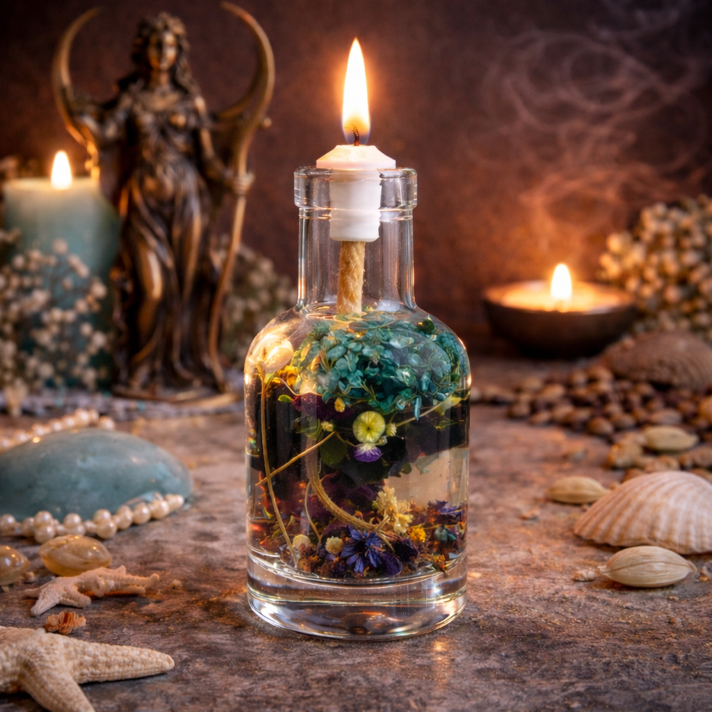 Selene Oil Candle by Logos Candles featuring a sleek glass container and a lit wick emitting a warm glow.