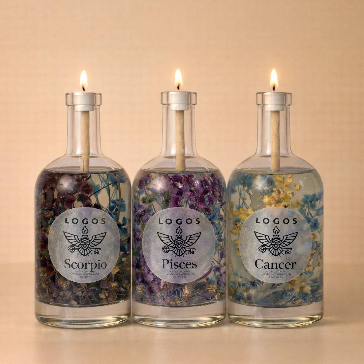Logos Candles Water Trio bundle featuring three elemental water candles with decorative designs and soothing blue tones.