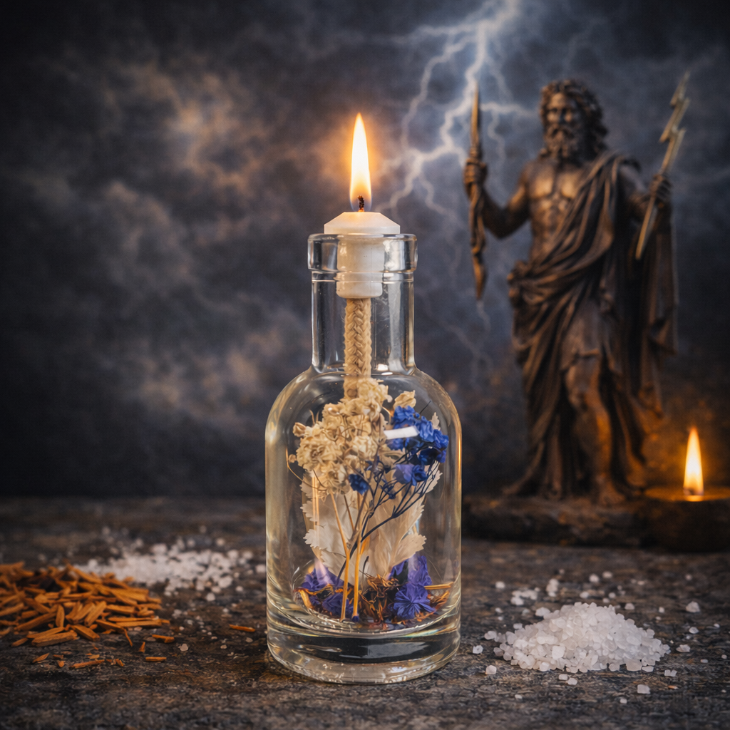 Zeus oil candle by Logos Candles featuring a sleek glass container with a lit wick and decorative metallic accents.