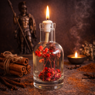 Ares oil candle by Logos Candles, showing a sleek glass container with a lit wick and warm flickering flame.